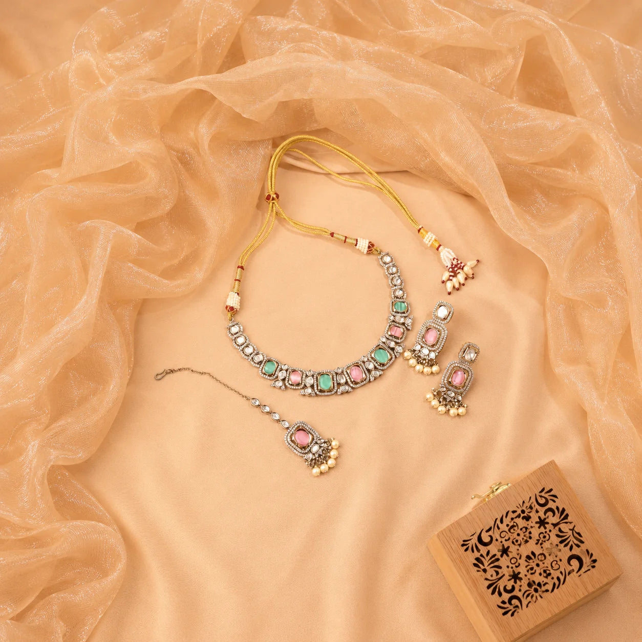Cubic Zircon With Pink & Mint Necklace Set