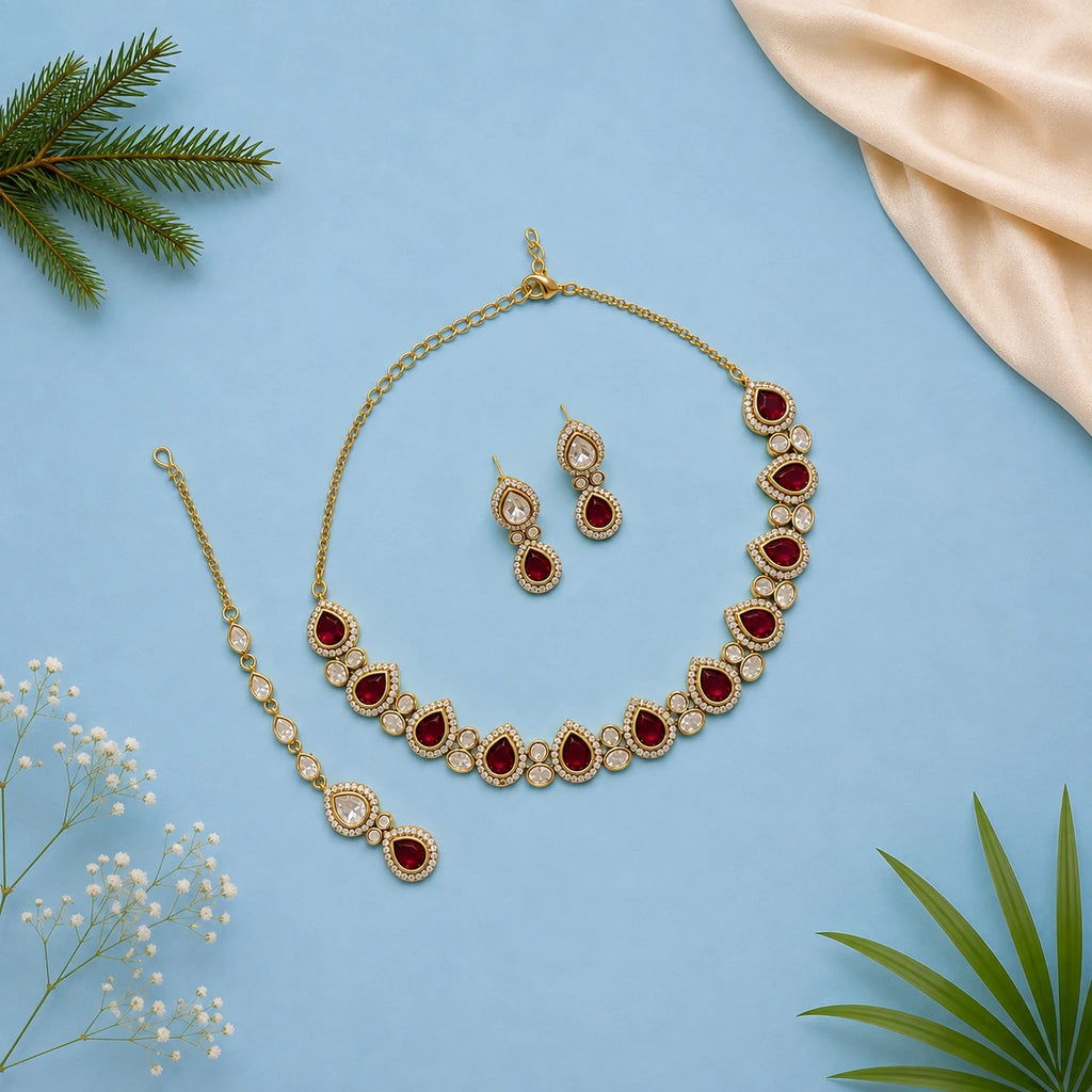Ruby Necklace Set With Tikka