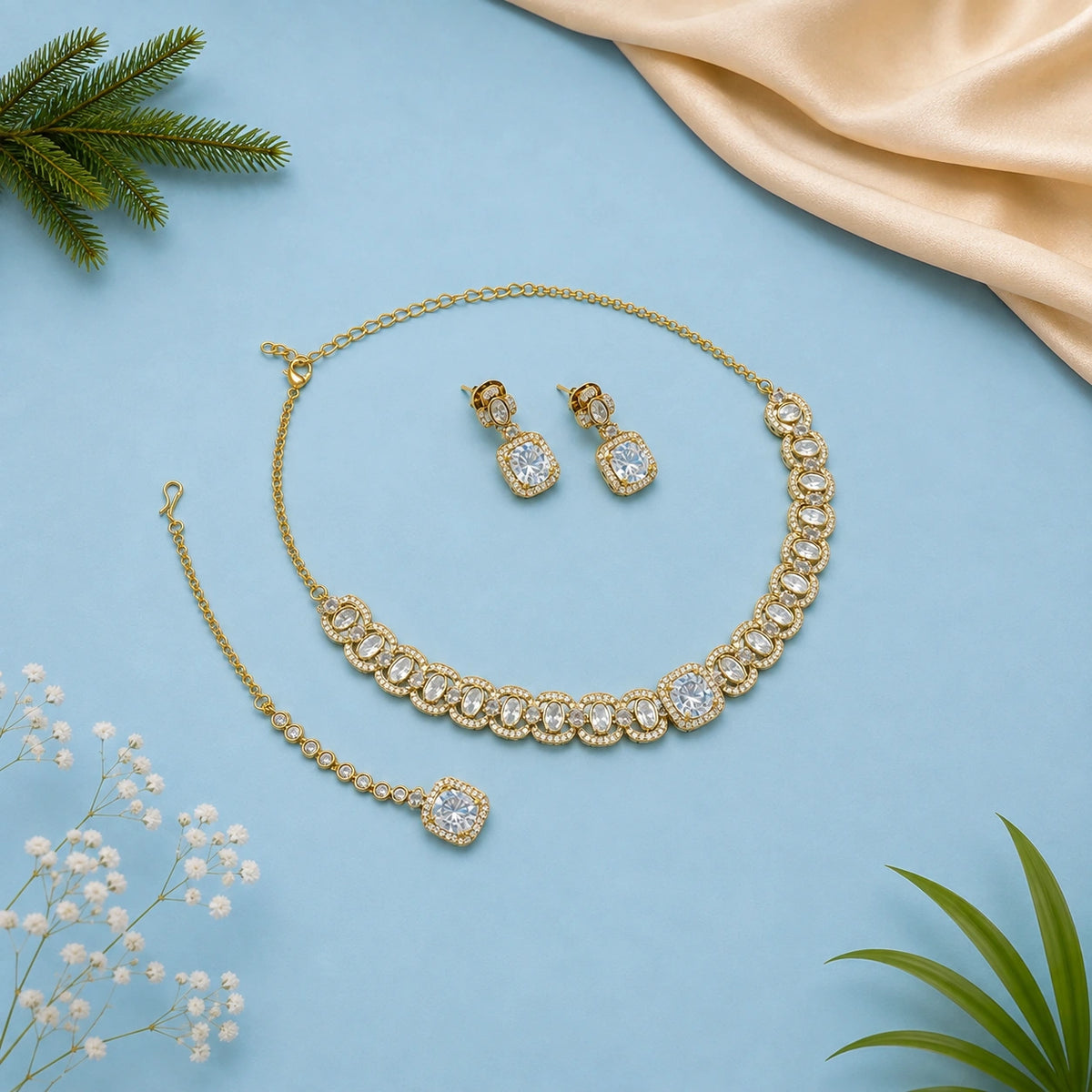 Cubic Zircon Necklace Set With Tikka