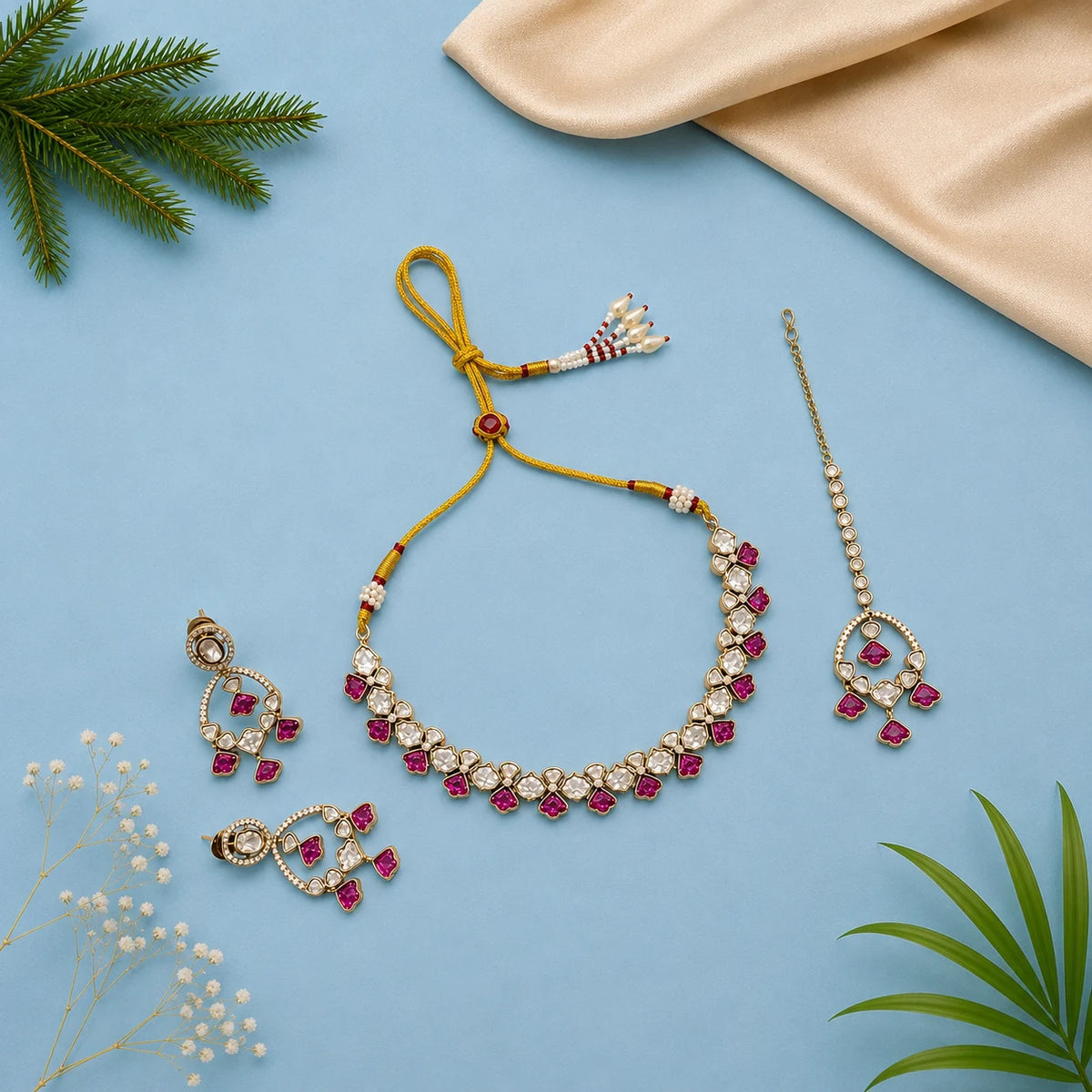 Blue Necklace Set With Tikka